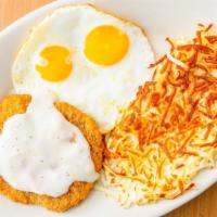 Chicken Fried Steak & Eggs · Chicken fried steak with two eggs any style, hash browns and biscuits with gravy.