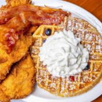 Family Chicken & Fruit Waffles For 4 · 8 pieces of chicken, 4 waffles, fruit & whip cream, 1/2 gallon OJ