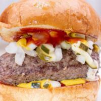 Jucy Lucy · Stuffed with white American, mustard, ketchup, chopped onion and pickle.
