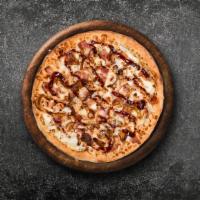 Large Chicken Bbq Pizza  · Large chicken BBQ pizza topped with grilled chicken, red onions, green peppers, mushrooms, m...