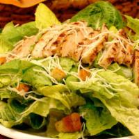 Chicken Caesar · 351 calorie. Romaine hearts, Parmesan cheese and croutons tossed with grilled chicken and yo...