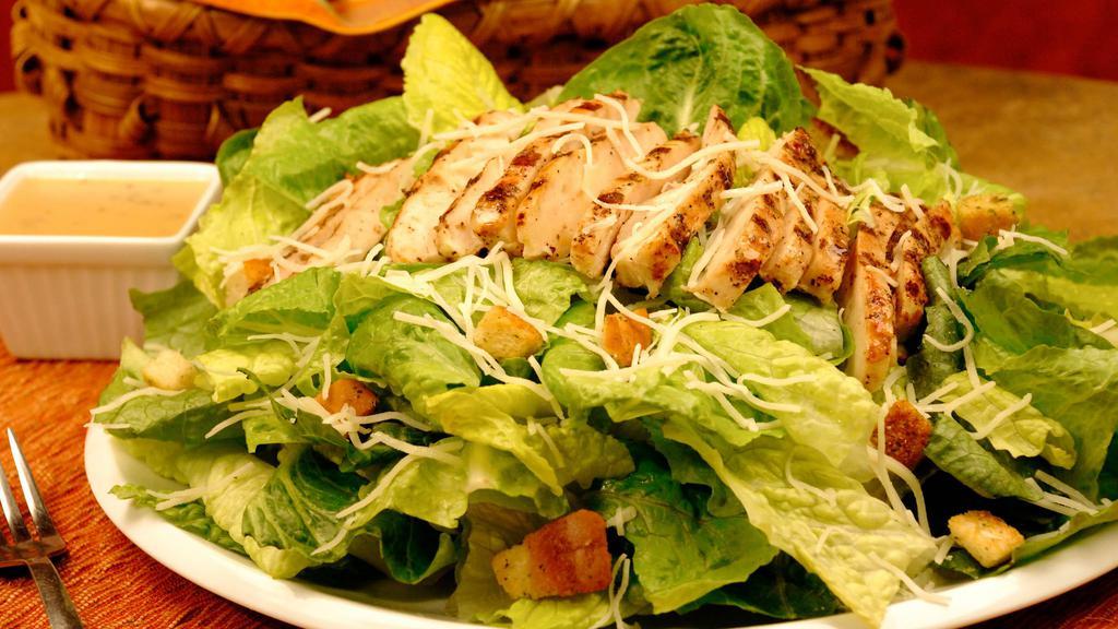 Chicken Caesar · 351 calorie. Romaine hearts, Parmesan cheese and croutons tossed with grilled chicken and your choice of dressing.