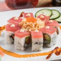 Cherry Bloom · Salmon & Avocado Inside; Tuna Outside; Spicy Crunchies, and Fish Egg on Top