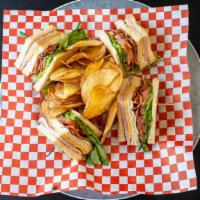 Porch Club · Juicy turkey pit, smoked ham and thick sliced bacon American and Swiss cheese . Lettuce ,tom...