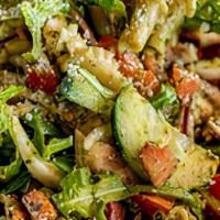 Pistachio Pesto Chicken Salad · Campanelle pasta, grilled chicken, kalamata olives, red onions, Roma tomatoes, cucumbers, pe...