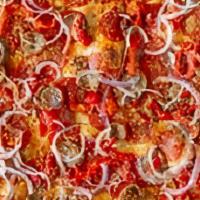 Brooklyn Square Paesano Pizza · Pepperoni, sliced sausage, roasted peppers, red onions, pecorino romano cheese, Sicilian ext...
