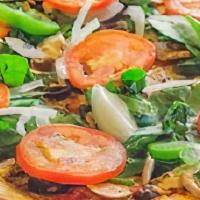 Vegetarian Pizza · Fresh spinach, bell peppers, black olives, white onions, Roma tomatoes, mushrooms, garlic, a...