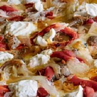 Sausage & Ricotta Pizza · Sliced Italian sausage, roasted red peppers, caramelized onions, ricotta cheese, Sicilian ex...
