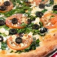 Mediterranean Pizza · Fresh spinach, Roma tomatoes, feta cheese, Wisconsin mozzarella, black olives, and Sicilian ...