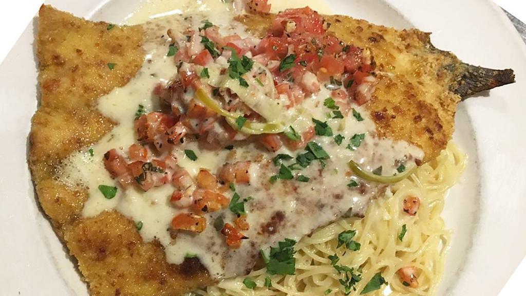 Trout · sweet potato-breaded trout, lemon cream sauce, tomato crudo
with buttered angel hair pasta