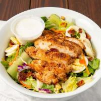 Grilled Chicken Salad · Grilled chicken, monterey jack, and cheddar cheese, smokehouse bacon, tomatoes, almonds, egg...