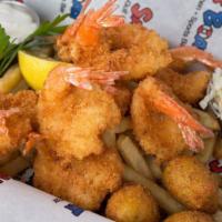 Shrimp Basket (8) · Panko battered shrimp served with Sam's seasoned fries, cole slaw + hushpuppies