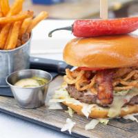 Tex Mex Haystack Burger · Angus Burger with pepper jack cheese, bacon, fried jalapenos, guacamole, chipotle mayo, lett...