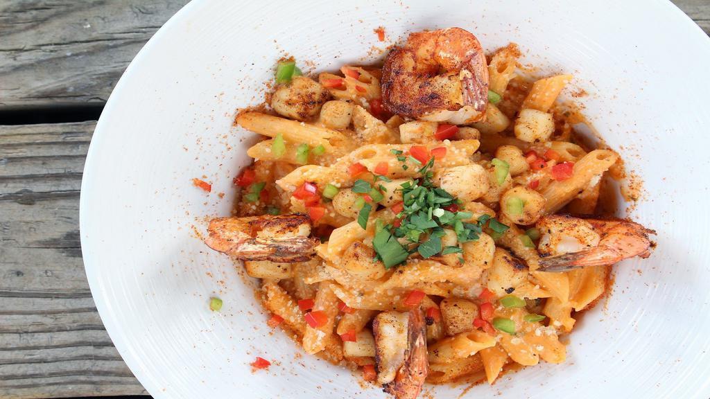 Shrimp + Scallop Pasta Diablo · Blackened shrimp + petite bay scallops, penne pasta + parmesan cream sauce [does not include 2 sides]