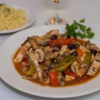 Chicken Cacciatore · Chicken breast sautéed in marinara sherry wine sauce with bell peppers, onions, black olives...