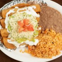 #3 Flautas Plate · 3 Chicken flautas, topped with sour cream, guacamole, and cheese. Served with rice and beans.