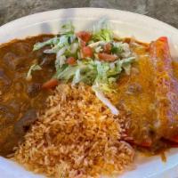 #27 Daniel'S Special · 2 enchiladas your choice of cheese or beef, side of carne guisada, served with rice, bans, a...