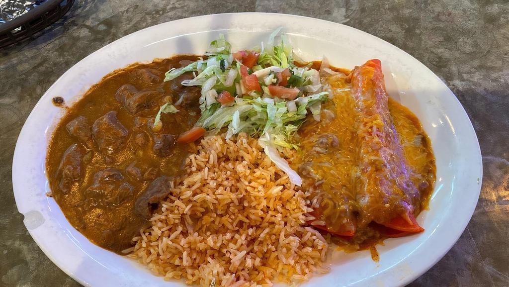 #27 Daniel'S Special · 2 enchiladas your choice of cheese or beef, side of carne guisada, served with rice, bans, and a guacamole salad.