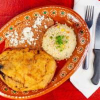 Chile Relleno · Served with rice & beans.