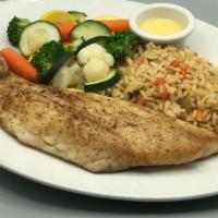 Gulf Red Snapper · Lightly Seasoned & Broiled; Served with Cajun Rice Pilaf & Vegetable Medley