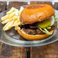 Jus'A Burger · Fresh ground beef, arugula, pickles, tomatoes, onions, ketchup, mayo or mustard.