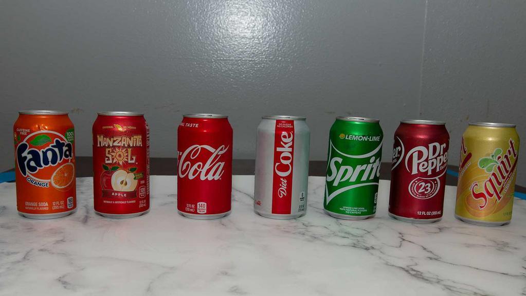 Can Sodas · Coke, Diet Coke, Fanta, Sprite, Dr. Pepper, Manzanita, Squirt
