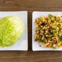 Cool Lettuce Wraps · Minced chicken, shiitake mushrooms, water chestnuts, scallions, onions, honey soy sauce, wit...