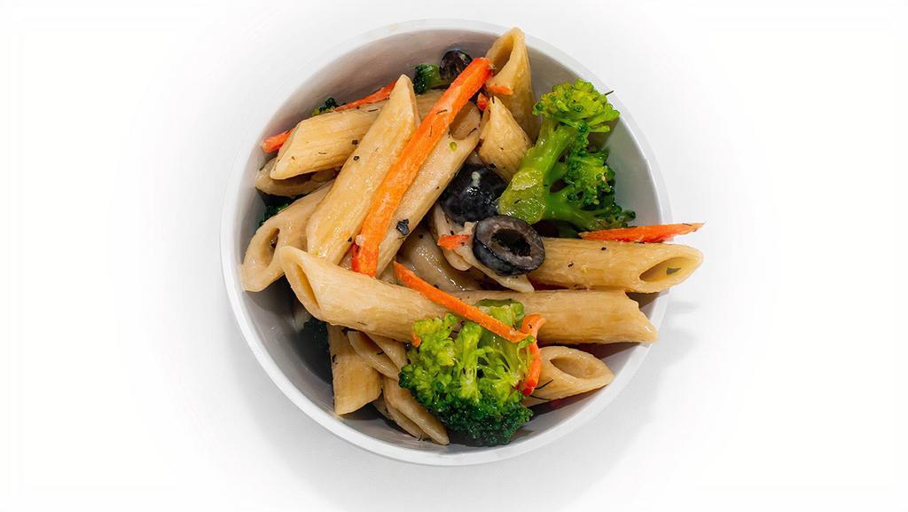Pasta Salad · Whole Wheat Penne pasta tossed with black olives, carrots, broccoli, and Ranch vinaigrette.