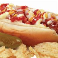 Hot-Dogs · Your choise of  Hot-Dog size with dice tomato, onions, mustard, mayo, ketchup and potato chi...