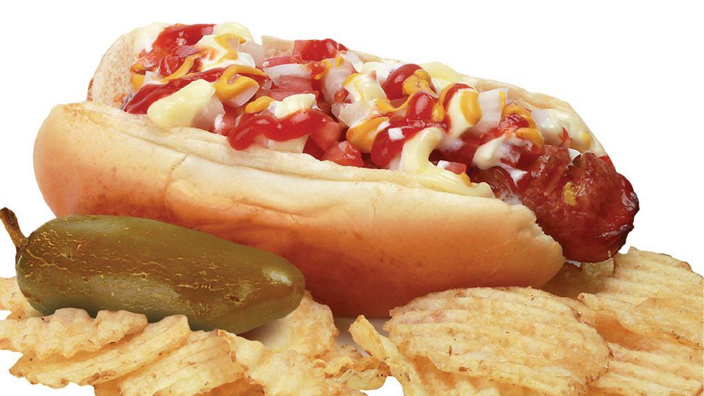 Hot-Dogs · Your choise of  Hot-Dog size with dice tomato, onions, mustard, mayo, ketchup and potato chips with jalapeño on the side.