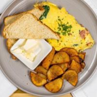 Diy Omelet Bar · Three Egg Omelet with your choice of cheese and two vegetables served with homestyle potatoe...