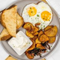 Two Eggs Any Style · Over easy, medium, hard, sunny side up, poached, fried, or scrambled, served with homestyle ...