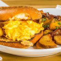 Market Egg & Cheese · Market bagel or croissant, scrambled eggs, and cheddar cheese served with homestyle potatoes