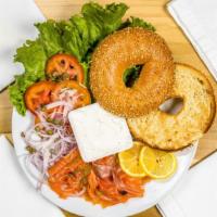 Market Gravlax Plate · Market bagel with cream cheese, lettuce, tomato, onions, capers dill, and market three day c...