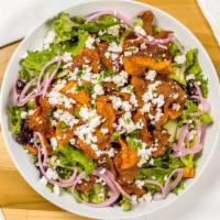 Market Sweet Potato Salad · Romaine lettuce, Arugula, dried cranberries, toasted spiced almonds, pickled red onion, feta...