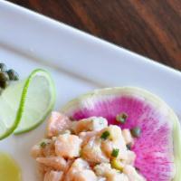 Carpaccio Di Capesante · Scallops and watermelon radish with lime juice and sea salt, topped with green onions, lime ...