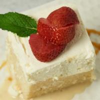 Tres Leches Cake · A super moist and sweet cake soaked in 4 types of milk topped with whip cream.