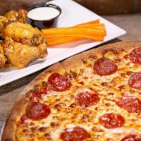 Iconic Special · A large 18″ one-topping pizza and 10 wings (boneless or Buffalo) (Available any day!)