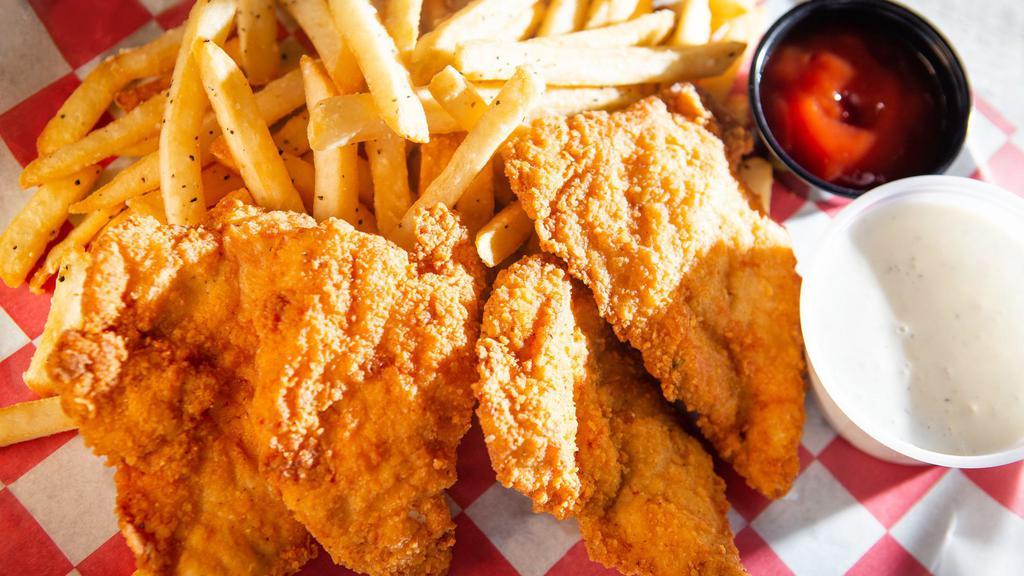 Chicken Tenders & Fries · Four fresh, never frozen, hand-battered chicken tenders served with fries and your choice of sauce.