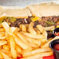 Philly Cheesesteak · Thinly sliced steak served Philly-style with our pepper and onion mix, Cheese Whiz and red p...