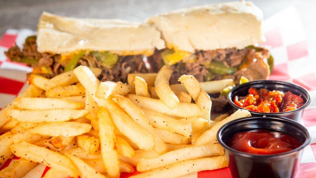 Philly Cheesesteak · Thinly sliced steak served Philly-style with our pepper and onion mix, Cheese Whiz and red pepper relish on the side.