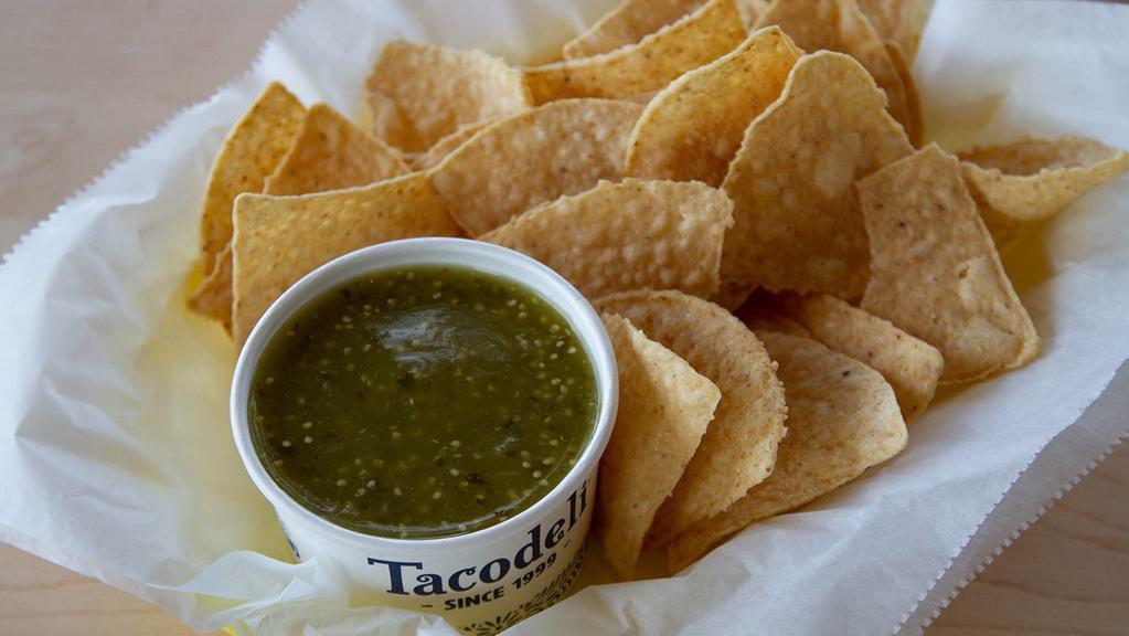 Verde Salsa & Chips · Verde salsa with Tacodeli tortilla chips