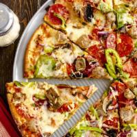 Supreme Thin Crust Pizza · Delicious pepperoni, Italian sausage, canadian bacon, ham, beef, mixed bell peppers, onions,...