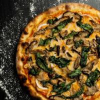 The Green Mill Thin Crust Pizza · Delicious pizza with spinach, tomato, mushrooms, onions, bell peppers and black olives.