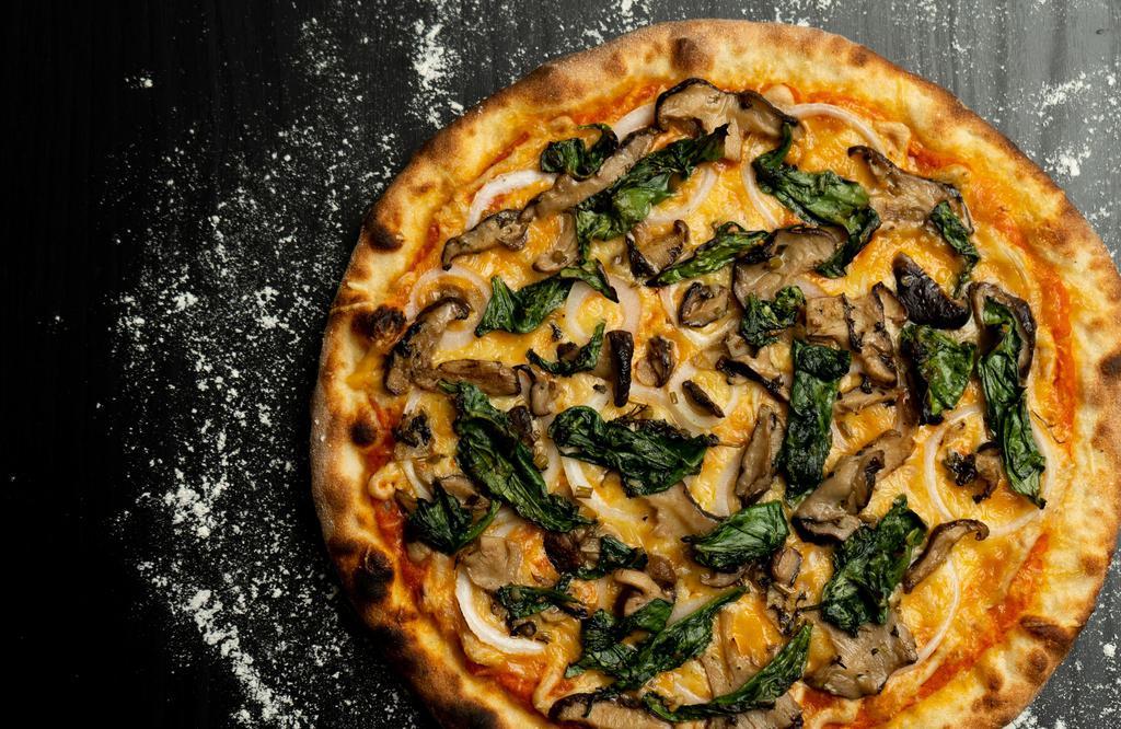 The Green Mill Thin Crust Pizza · Delicious pizza with spinach, tomato, mushrooms, onions, bell peppers and black olives.