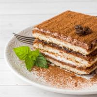 Tiramisu · Imported mascarpone and lady fingers soaked in espresso and topped with chocolate syrup and ...