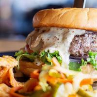 Rk Burger · 1/2 lb angus beef, angry mayo, onion, mixed greens, tomato, house-made pickles, choice of ch...