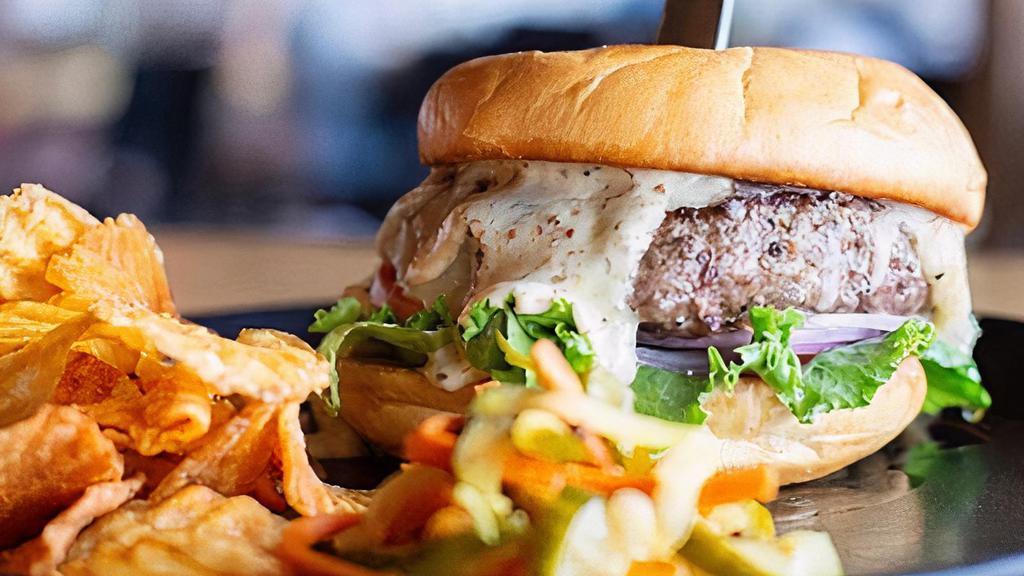 Rk Burger · 1/2 lb angus beef, angry mayo, onion, mixed greens, tomato, house-made pickles, choice of cheddar or pepper-jack.