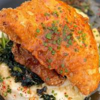 Fried Chicken · 2 Airline Chicken Breasts, House Batter, Roasted Garlic Mashed Potatoes Savory Gravy