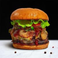 Get Sauced Bbq Burger · American beef patty cooked medium rare and topped with aged white cheddar, barbecue sauce, c...
